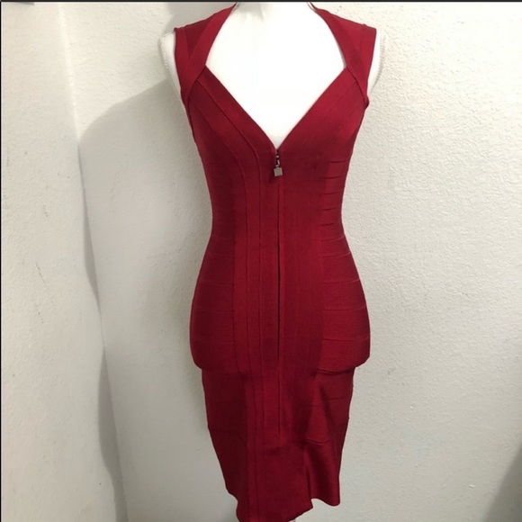 Herve Leger Red Front Zip Bandage Dress - Picture 2 of 4